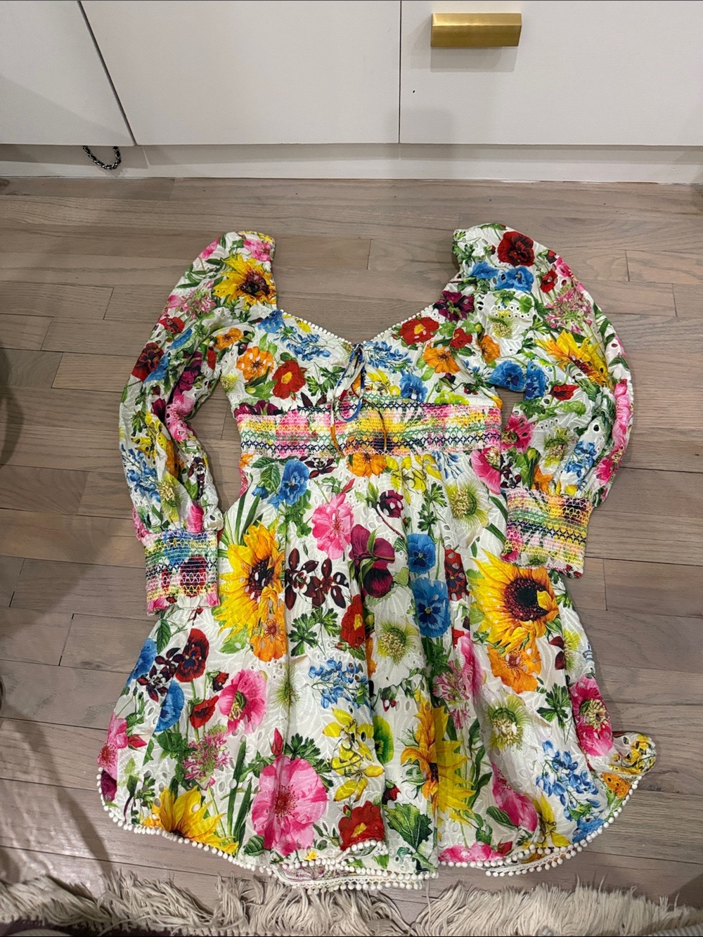 Alice + Olivia White Floral Mini Dress with Sunflower Print